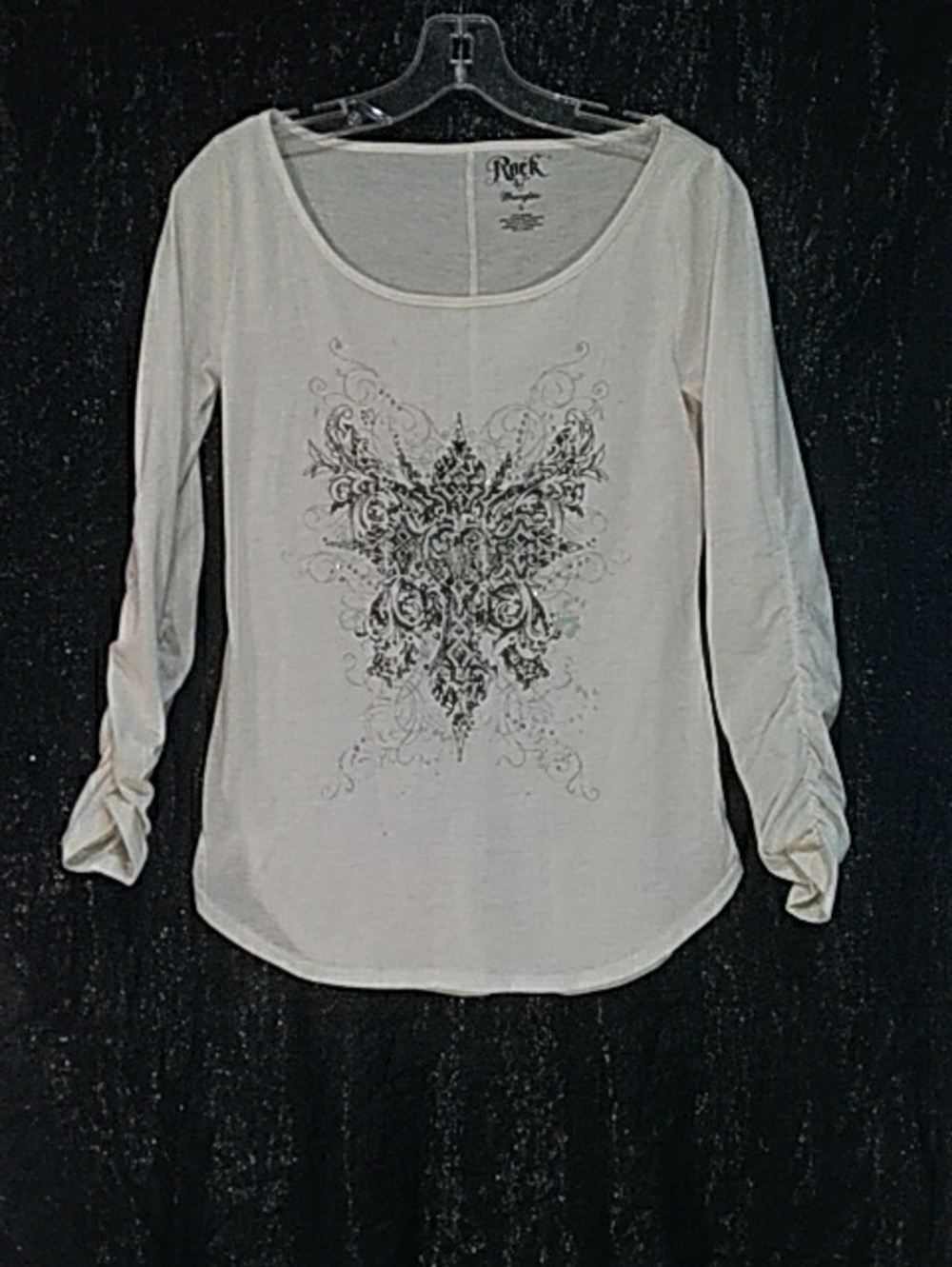 Rock 47 Cream Long Sleeve Scoop Neck Tee with Ornate Black Graphic